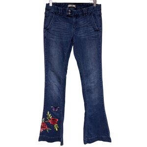 Free People Women's Jeans Blue Flare Embroidered Rose Butterfly Floral Size 29
